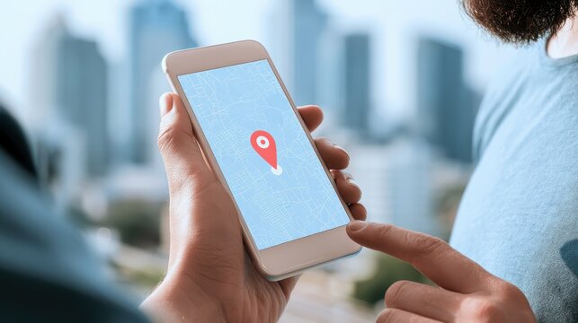 A person holds a smartphone displaying a map with a red location pin, indicating navigation or location tracking in an urban setting.