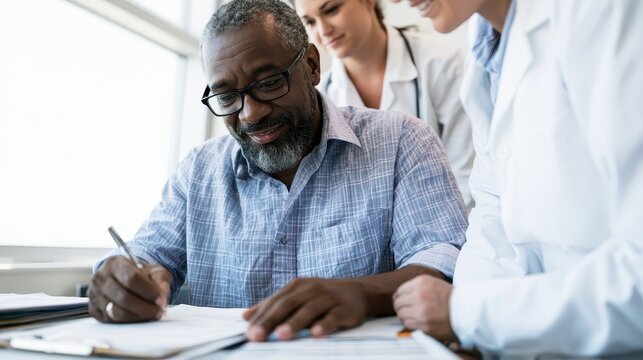 African man patient signs discharge papers with medical team in hospital room