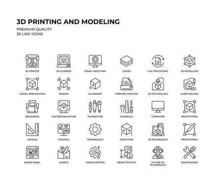 3D printing and modeling line icon set for engineering design with printing modeling engineering technology manufacturing production prototyping software industrial blueprint innovation