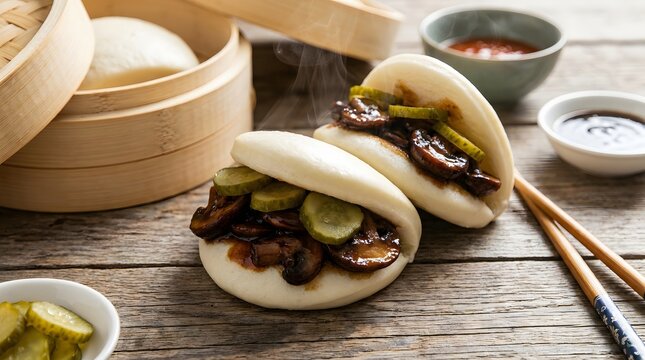 Steamed bao buns filled with mushrooms and pickles served with soy sauce and chopsticks.