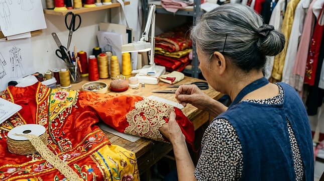 Skilled artisan embroidering a traditional red Chinese wedding dress in a workshop.