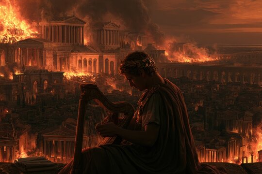 Ancient Rome in Flames: An Imperial Ruler Plays a Harp as the City Burns in Dramatic Antiquity