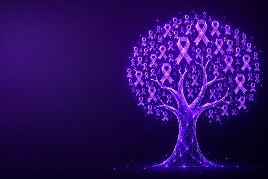 Conceptual glowing purple tree with multiple awareness ribbons as leaves. world alzheimer's month low poly alzheimer dementia awareness abstract neurology. world alzheimer's month