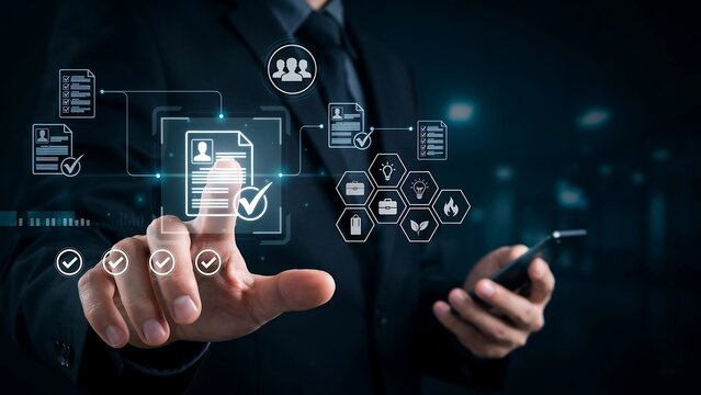 Business professional interacting with a digital interface, showcasing data management and online services
