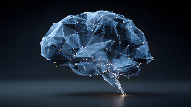 Blue digital human brain made of glowing connected dots and lines