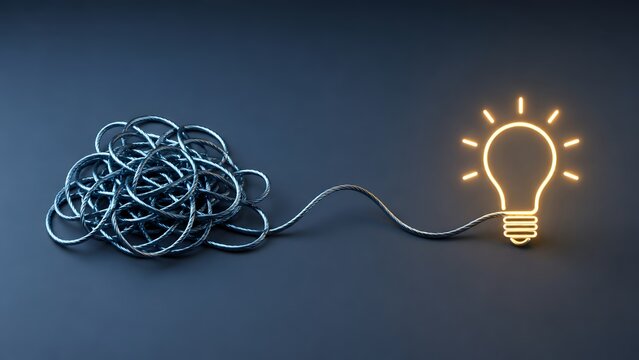 Business problem solving concept with tangled metal cable transforming into a glowing light bulb representing creative solution and process simplification