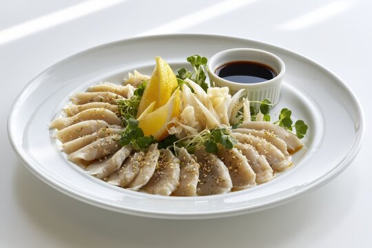 Artful geoduck presentation: sliced meat, garnish, and dipping sauce
