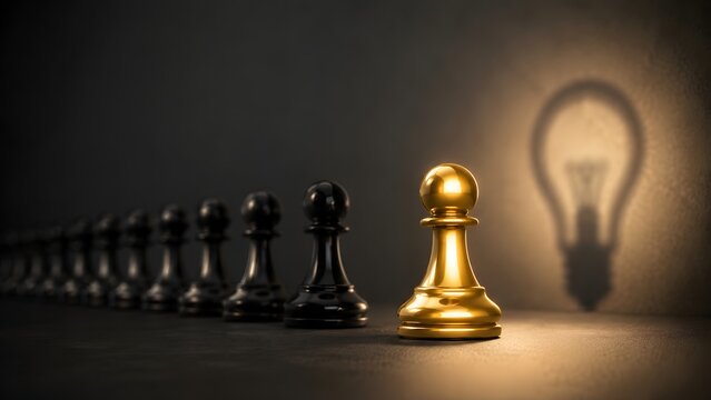 Strategic business leadership concept with golden chess pawn casting a light bulb shadow representing hidden potential and brilliant innovative thinking