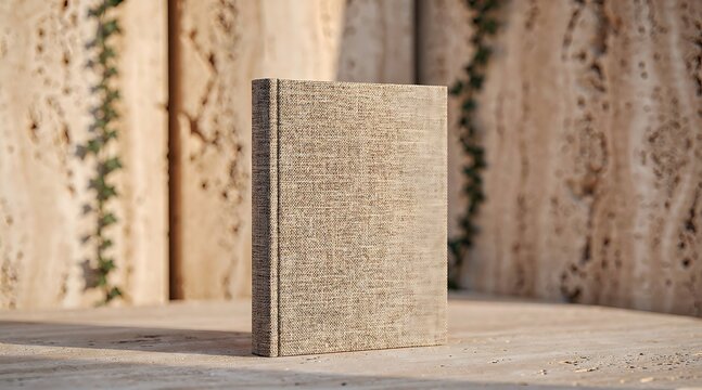 A single hardcover book with a textured cover stands on a wooden surface.