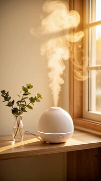 White essential oil diffuser releasing soft mist in warm sunlight