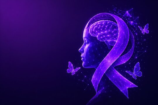 Profile of a person with a digital brain silhouette and an awareness ribbon with butterflies. world alzheimer's month awareness butterfly dementia alzheimer. world alzheimer's month