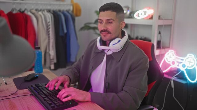 Man with headset at computer giving thumbs up while typing on a keyboard in studio with neon sign and clothes rack visible; gaming community confidence.