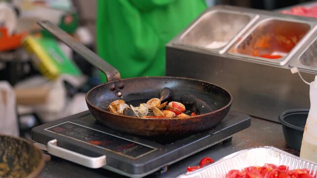 A chef prepares a dish with seafood in a frying pan. The kitchen is active with staff moving around. Ingredients like clams and tomatoes are visible. Cooking happens during lunch hours.