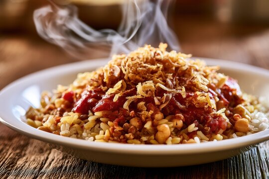 Authentic kushari presentation: textured, colorful Egyptian comfort food photographed on a flat plate