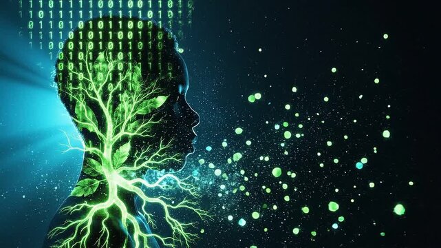 Sustainable AI & Biotech Innovation: Glowing Green Roots and Binary Code in Human Profile for Green Tech Concepts