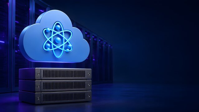 Quantum cloud computing infrastructure integrating atom symbol over server racks processing advanced scientific data
