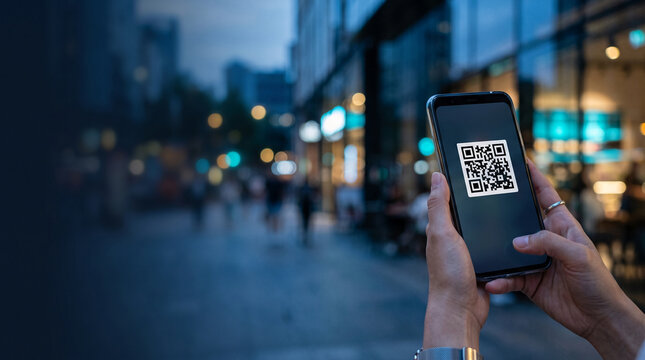 Person holding smartphone with QR code against blurred city street at dusk