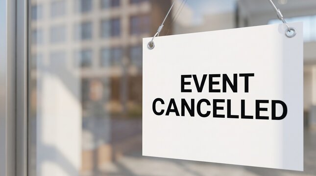 Event cancelled sign hanging on glass storefront window