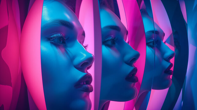 Fragmented reflection of woman's face multiplied in blue and pink neon light