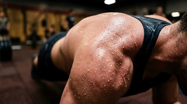 Sweaty muscular man performing pushups in a gym.