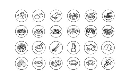 Fototapeta premium Chinese Food Line Icons Set with Traditional Asian Cuisine Hand Drawn Outline Vector Collection