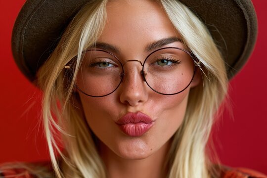 Blonde woman in a hat and round glasses puckering a kissy face against a bold red background