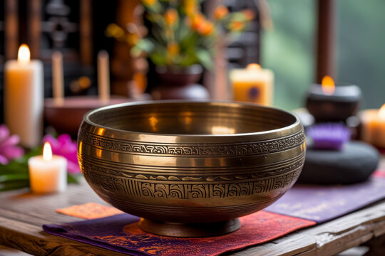 Sound healing acoustic bowl wellness uses sound heal and relax mental health therapy AI Generative