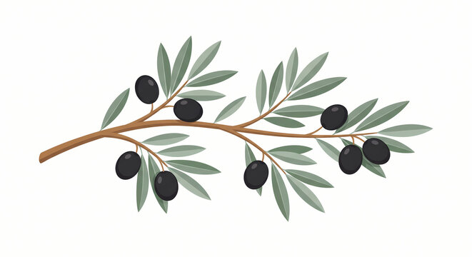 Black Olive Branch Vector Illustration Isolated on White Background for Extra Virgin Oil Label