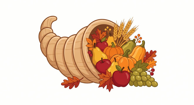 Thanksgiving Cornucopia Horn of Plenty Filled with Autumn Pumpkins Apples and Harvest Fruits