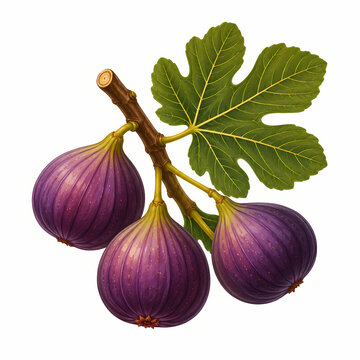 Fresh Ripe Purple Figs Branch with Green Leaves Detailed Botanical Food Vector Illustration