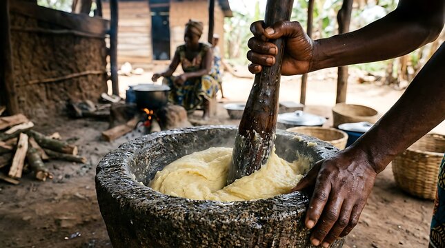 Traditional African woman pounding fufu in a large wooden mortar.