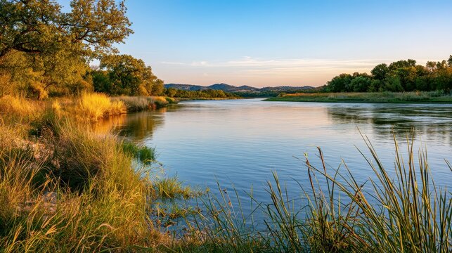 Brazos River at Waco, Texas: golden hour light over calm water and tree-lined banks