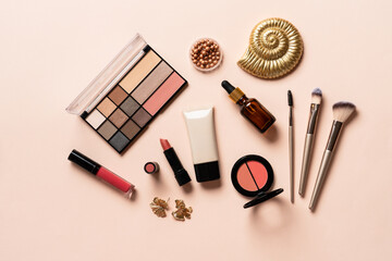 Naklejka premium Make up products. Shadow palette with brushes, lipstick, cream and others.