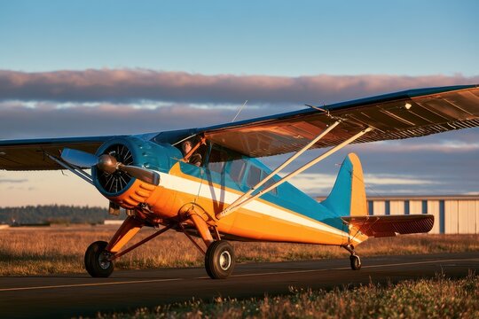 Bright high-wing single-engine light aircraft on a sunlit general aviation airfield with runway and hangar