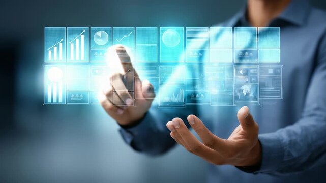 A close up of a man's hand engaging with a transparent digital screen, representing innovation in business technology. The image emphasizes virtual interfaces and the future of digital transformation