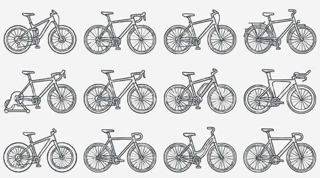 Industrial Black and White Line Drawing Collection of Various Classic Bicycle Designs and Styles
