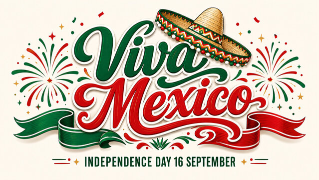 Viva Mexico Lettering with Sombrero and Fireworks for Independence Day Greeting Banner Design