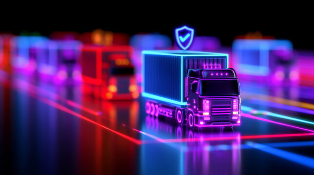 Logistics solutions at glance quality guaranteed with futuristic neon trucks transporting cargo efficiently on glowing roads, ensuring secure and reliable delivery service