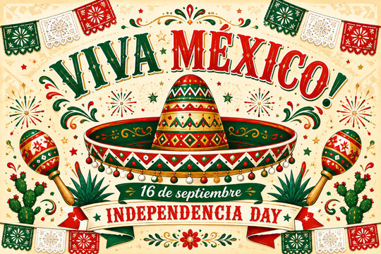 Viva Mexico Typography with Sombrero and Traditional Mexican Elements for Independence Day Greeting Banner