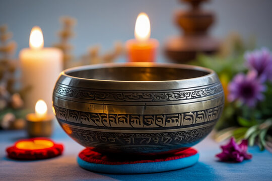 Sound healing acoustic bowl wellness uses sound heal and relax mental health therapy AI Generative