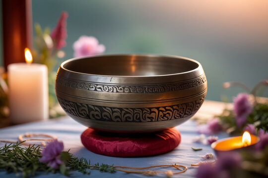 Sound healing acoustic bowl wellness uses sound heal and relax mental health therapy AI Generative