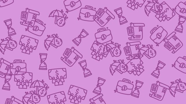 Purple background wallpaper with icons of briefcases, hourglasses, money, and umbrellas. Great for business presentations, finance websites, or officethemed designs.