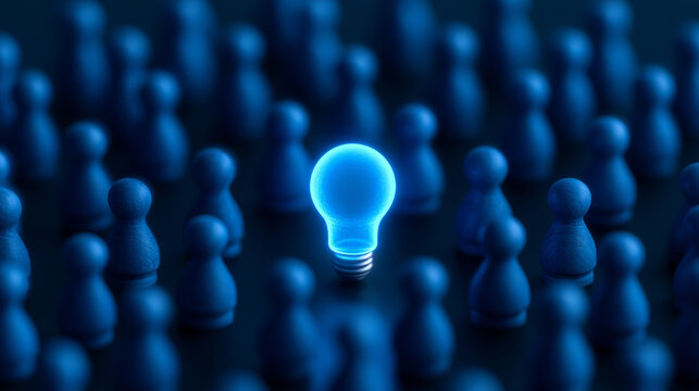 Collaborative problem solving and innovation concepts are represented by glowing blue light bulb among dark blue game pieces symbolizing creative ideas and teamwork