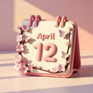 Cute pink desktop calendar displays April twelfth with decorative cherry blossoms and butterflies