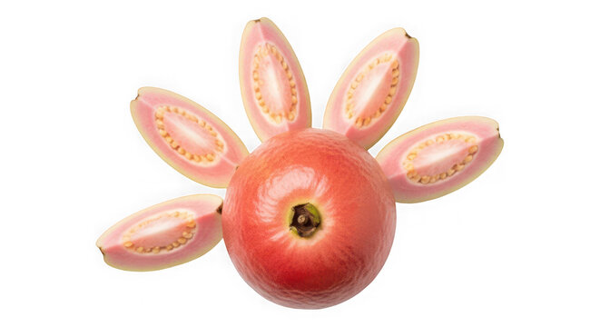 Fresh pink guava fruit with slices arranged in a decorative flower pattern