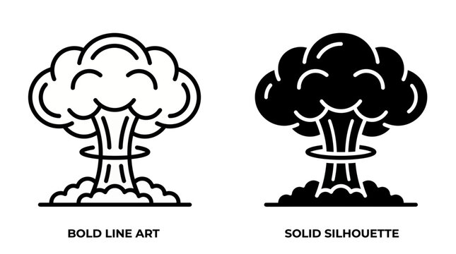 Black and white vector illustration of a mushroom cloud icon in bold line art and solid silhouette style, Symbolizing destruction and representing a significant event