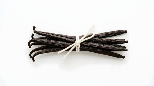 Natural organic vanilla beans bundle tied with cotton string isolated on white background.