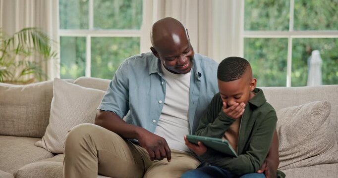 Happy, tablet and dad with child on sofa for bonding with online game, internet and connection. Family, home and African father with boy on tech for educational app, playing and relax on weekend