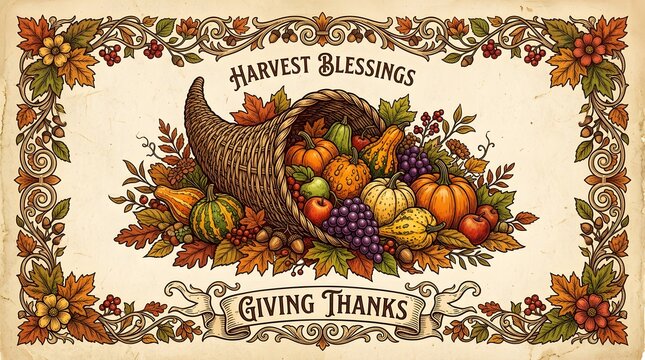 Thanksgiving cornucopia with autumn harvest. Vintage style horn of plenty greeting card.