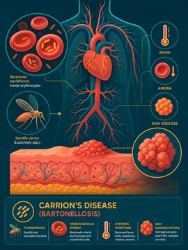 Carrion disease bartonellosis medical infographic detailing sandfly transmission and verruga peruana symptoms